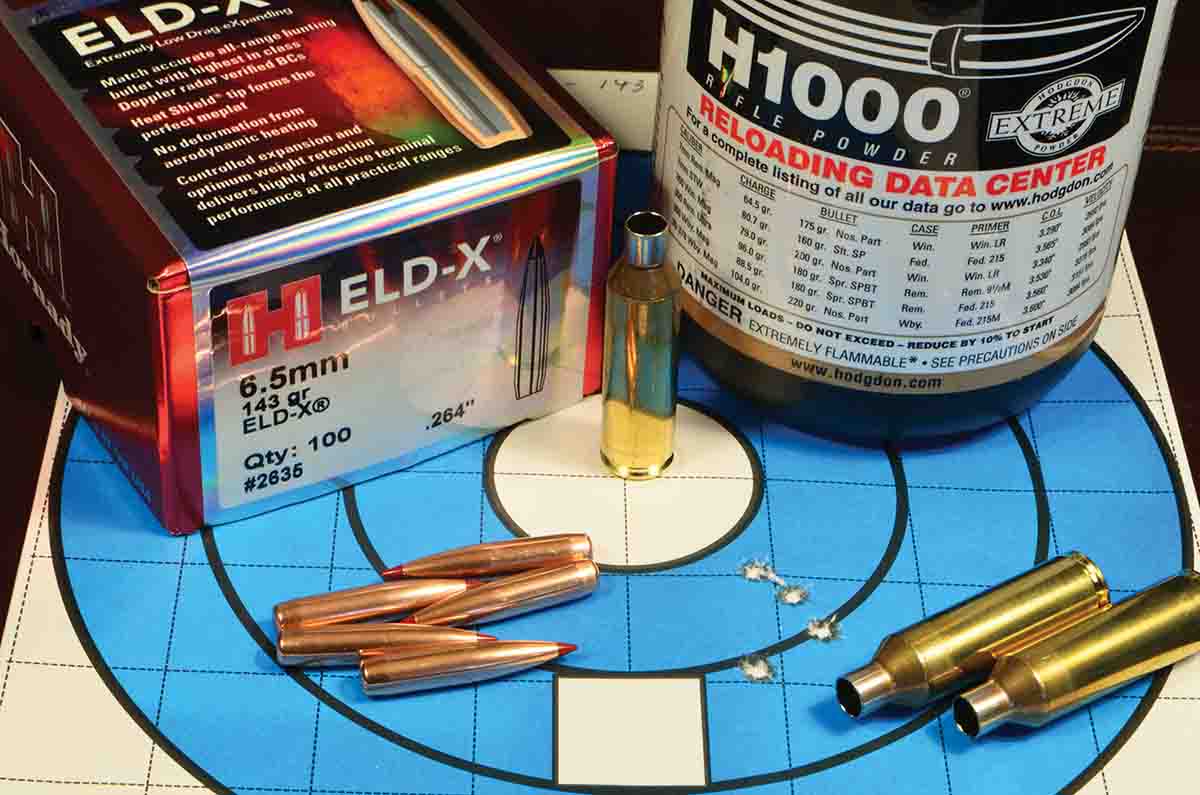 Hornady 143-grain ELD-X hunting bullets delivered the best group of the handloads tested, measuring .950 inch.